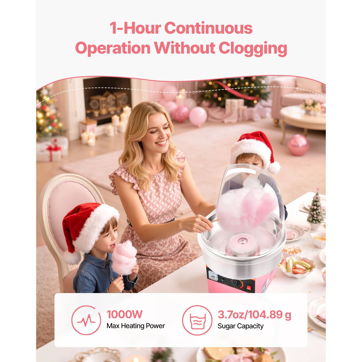 Electric Cotton Candy Machine, 1000W Electric Floss Maker With Cover, Commercial Cotton Candy Machine w/Stainless Steel Bowl & Sugar Scoop, Ideal for Home, Carnival, Birthday, Family Party, Pink