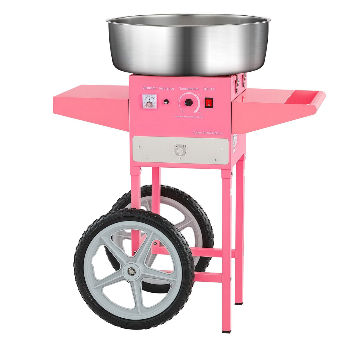 Electric Cotton Candy Machine with Cart, 1000W Commercial Candy Floss Maker with 20.5 in Stainless Steel Bowl, Sugar Scoop, and Drawer, Easy to Use, for Home, Kids Birthday, Family Party, Pink