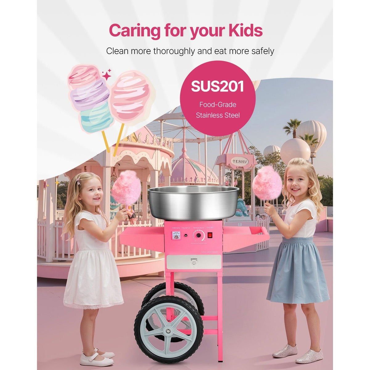 Electric Cotton Candy Machine with Cart, 1000W Commercial Candy Floss Maker with 20.5 in Stainless Steel Bowl, Sugar Scoop, and Drawer, Easy to Use, for Home, Kids Birthday, Family Party, Pink