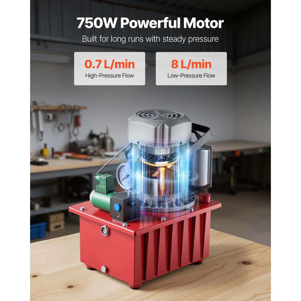 Electric Driven Hydraulic Pump, 750W 10,000 PSI, 120V Single Acting Hydraulic Pump Power Pack Unit, Solenoid Valve with Pedal Switch, 2.1 Gal / 8L, for Punching, Bending, Single Acting Cylinders