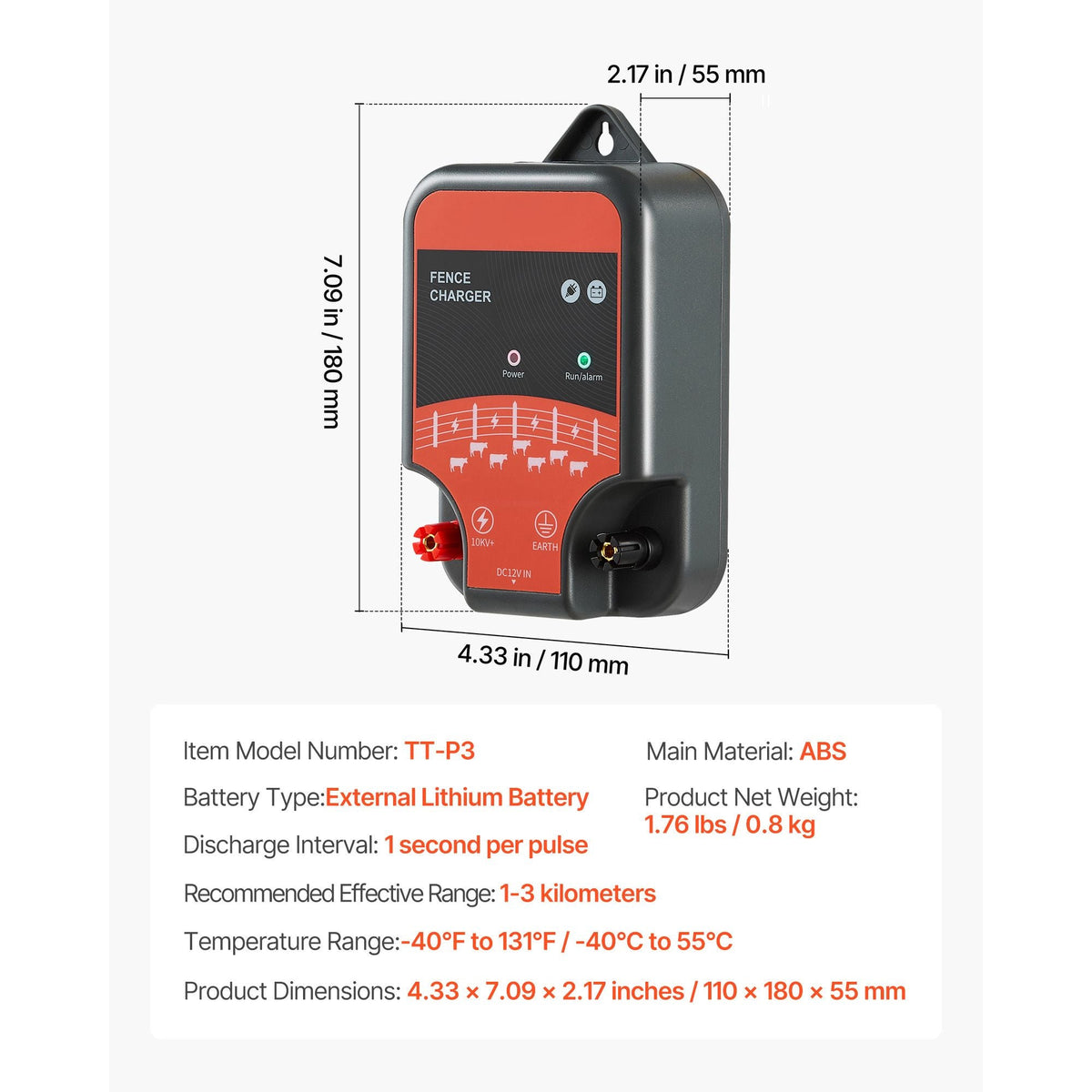 Electric Fence Charger, 10kV 2J, AC DC Electric Fence Energizer with LED Indicator, 1.86 Miles Range, Powerful Plug-in Fences Charger, Prevents Wild Animals Intrusion for Livestock Poultry