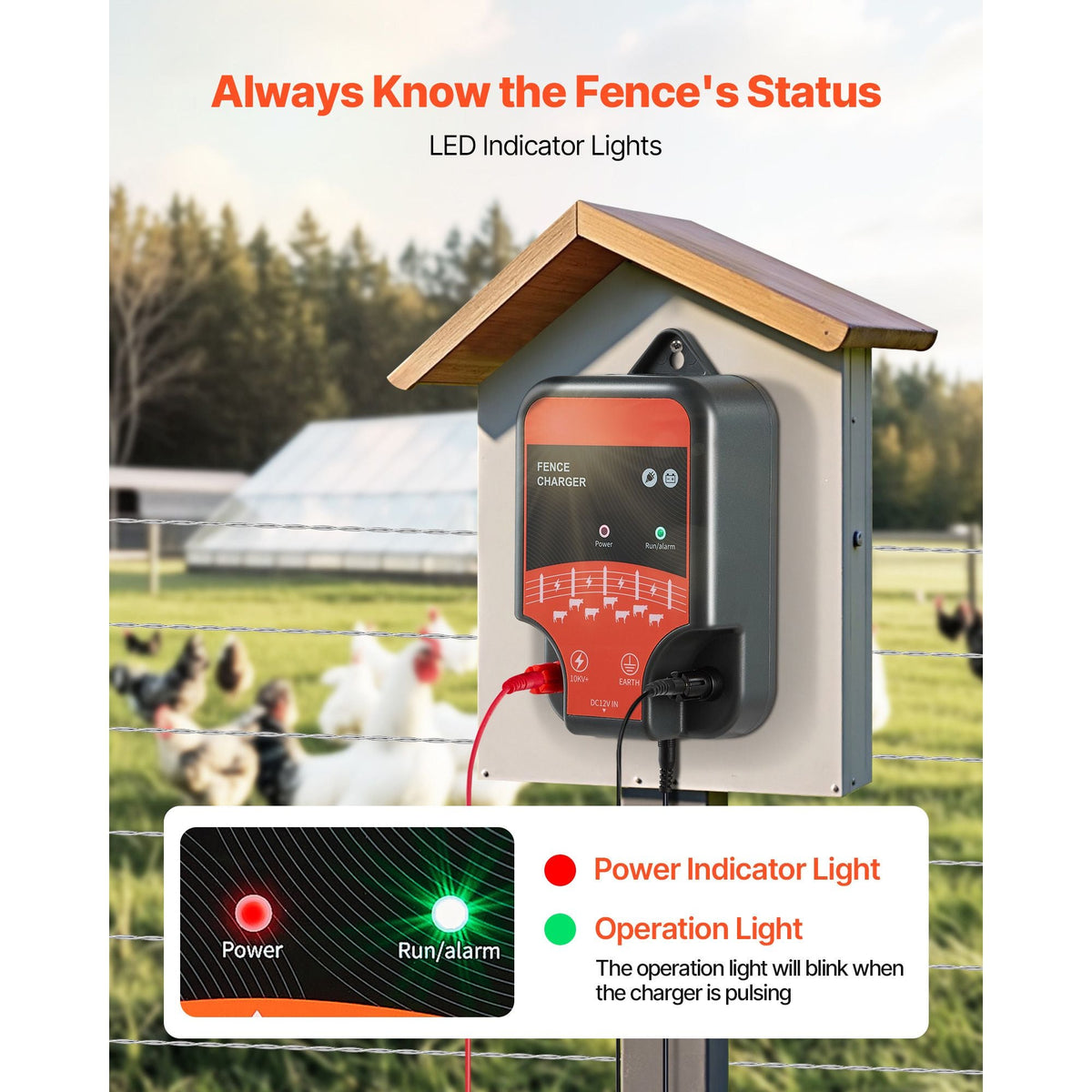 Electric Fence Charger, 10kV 2J, AC DC Electric Fence Energizer with LED Indicator, 1.86 Miles Range, Powerful Plug-in Fences Charger, Prevents Wild Animals Intrusion for Livestock Poultry
