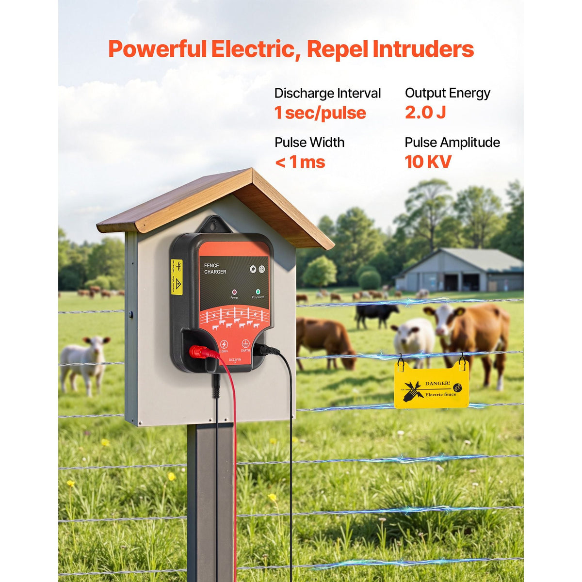 Electric Fence Charger, 10kV 2J, AC DC Electric Fence Energizer with LED Indicator, 1.86 Miles Range, Powerful Plug-in Fences Charger, Prevents Wild Animals Intrusion for Livestock Poultry