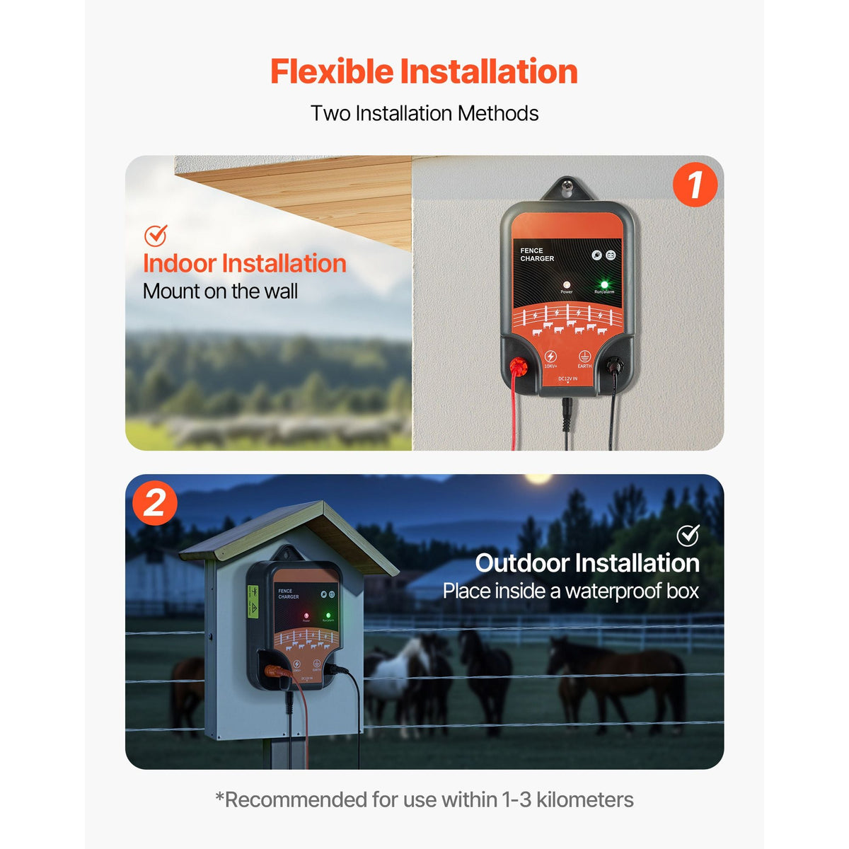 Electric Fence Charger, 10kV 2J, AC DC Electric Fence Energizer with LED Indicator, 1.86 Miles Range, Powerful Plug-in Fences Charger, Prevents Wild Animals Intrusion for Livestock Poultry
