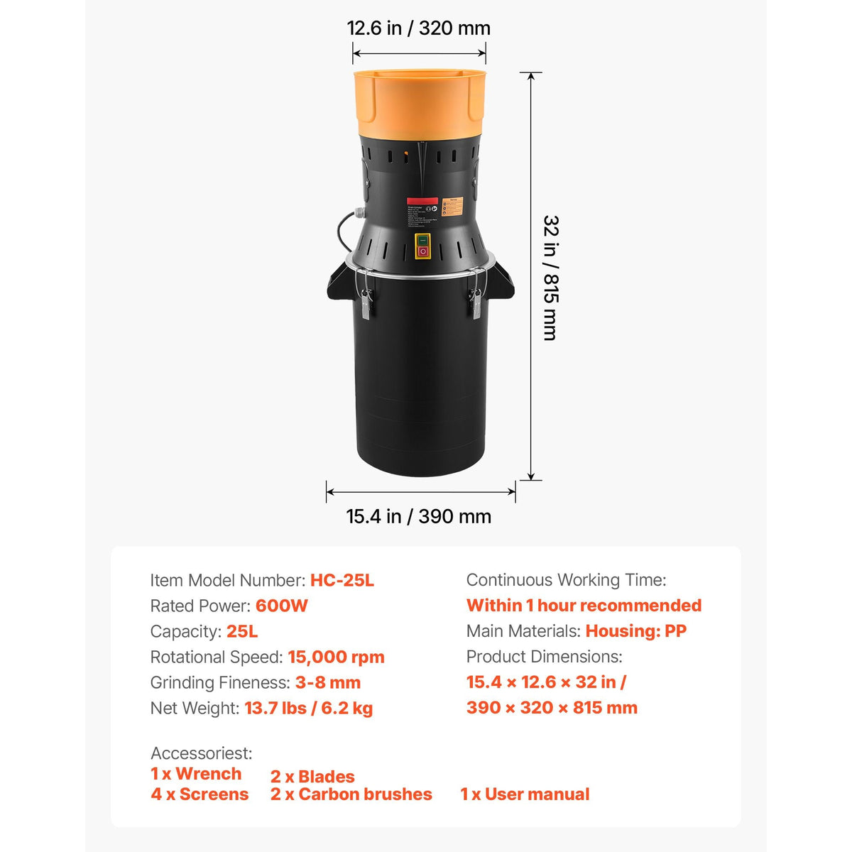 Electric Grain Mill Grinder, 600W High Power Commercial Spice Grinder, 6.6 Gal Pulverizer Powder Machine with Galvanized Sharp Blades, for Dry Grains, Spices, Cereals, Coffee, Corn & Pepper