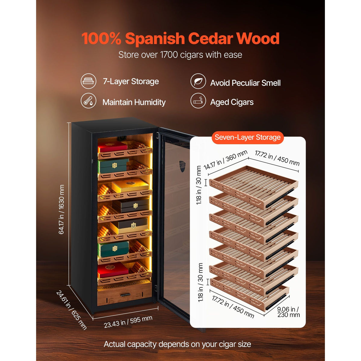 Electric Humidor, 288L, 1700 Counts Electric Cigar Humidor Cabinet with Compressor Cooling, Constant Humidity & Temperature Control, Spanish Cedar Wood Shelves & Drawers, 7 Layers, for Household