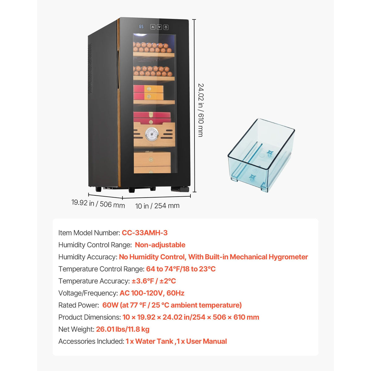 Electric Humidor, 33L, 250 Counts Electric Cigar Humidor Cabinet with Cooling Temperature Control, Spanish Cedar Wood Shelves & Drawers, Mechanical Hygrometer, 4 Layers, Cooler for Household