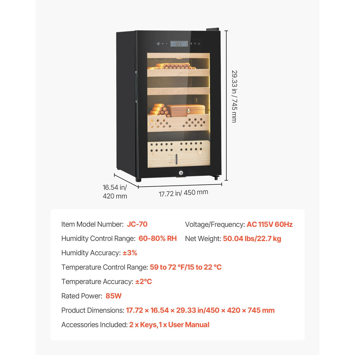 Electric Humidor, 70L, 400 Counts Electric Cigar Humidor Cabinet with Compressor Cooling, Constant Humidity & Temperature Control, Spanish Cedar Wood Shelves & Drawers, 4 Layers, for Household