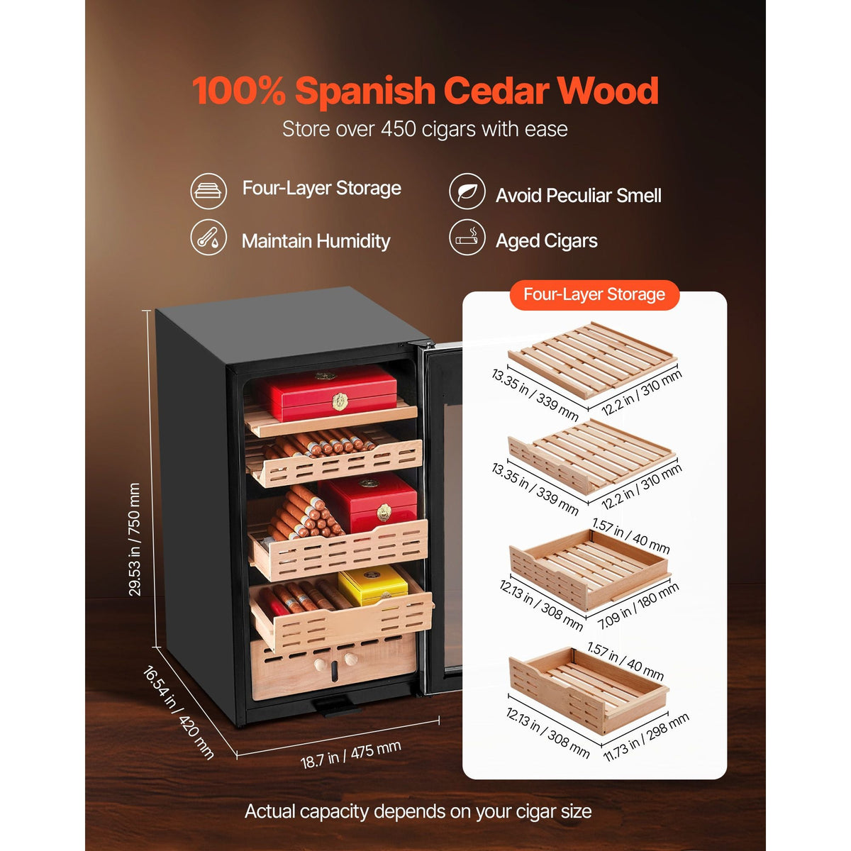 Electric Humidor, 75L, 450 Counts Electric Cigar Humidor Cabinet with Compressor Cooling, Constant Humidity & Temperature Control, Spanish Cedar Wood Shelves & Drawers, 4 Layers, for Household