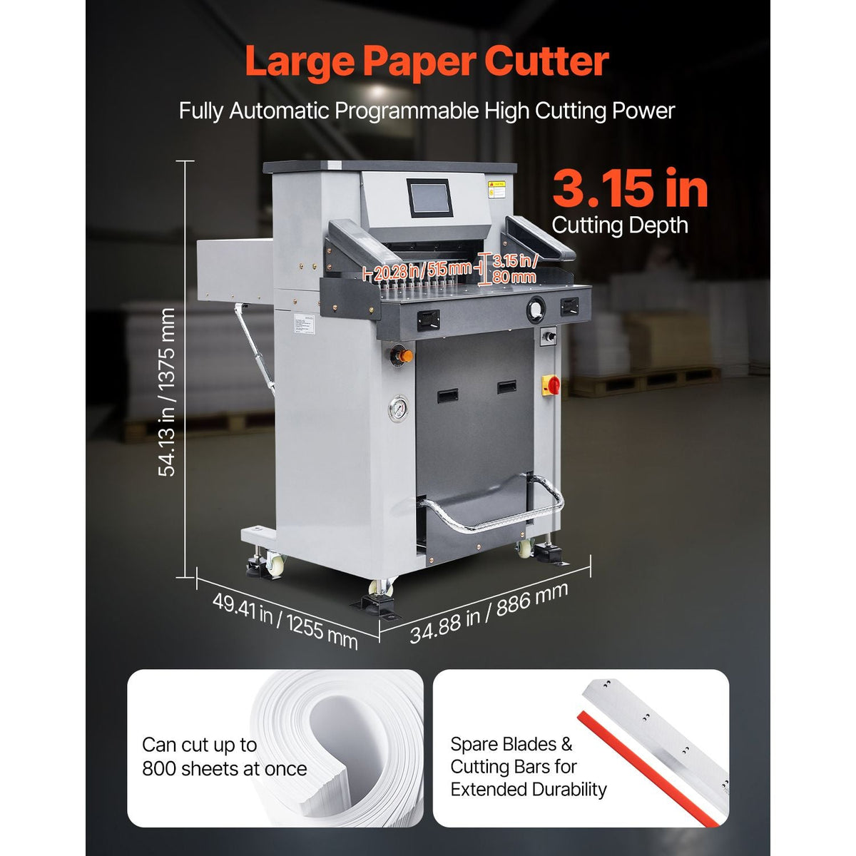Electric Hydraulic Paper Cutter, 2500W Heavy Duty Paper Cutter Machine 20.2 in/515 mm Cutting Width, 3.1 in/80 mm Cutting Thickness, Electric Guillotine Trimmer with Casters & Infrared Function