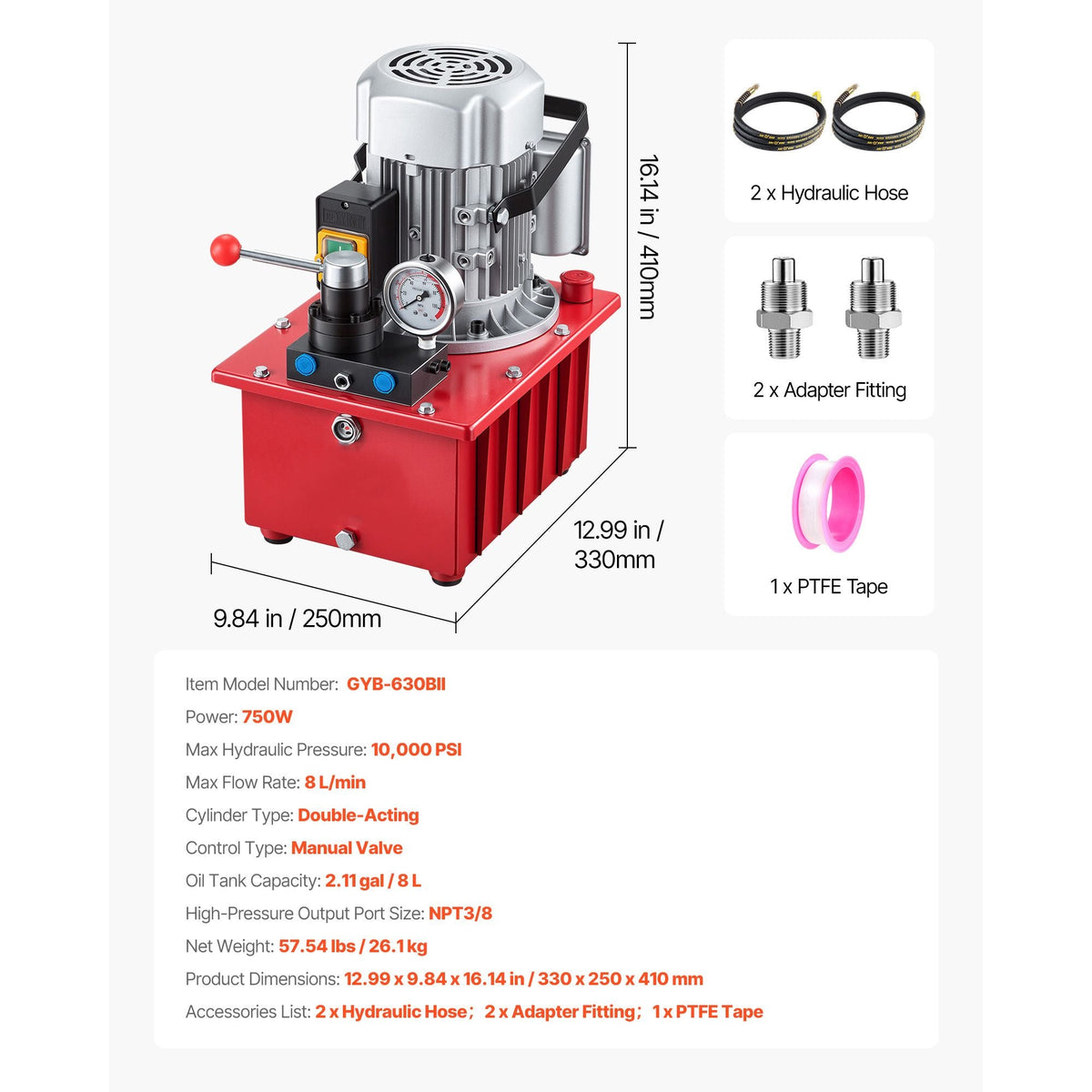 Electric Hydraulic Pump, 750W 10,000 PSI, 120V Double Acting Electric Driven Hydraulic Pump Power Pack Unit, with Manual Valve, 2.1 Gallon / 8L, for Punching, Bending, Double Acting Cylinders
