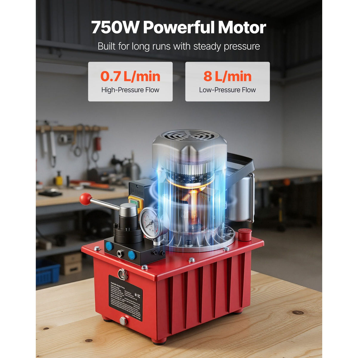 Electric Hydraulic Pump, 750W 10,000 PSI, 120V Double Acting Electric Driven Hydraulic Pump Power Pack Unit, with Manual Valve, 2.1 Gallon / 8L, for Punching, Bending, Double Acting Cylinders