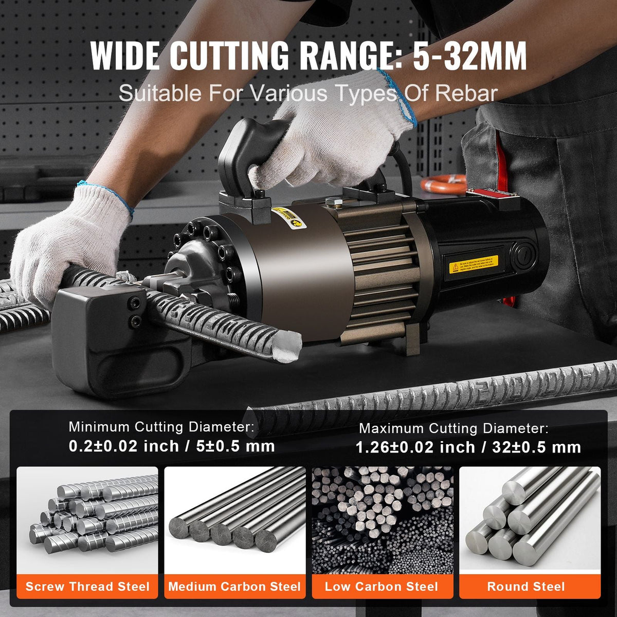 Electric Hydraulic Rebar Cutter, 2300W Portable Rebar Cutter, Cutting up to 1.26 Inch (5-32mm) Rebar within 4.5 Seconds, High Power Steel Rebar Cutter with Oil Can Rich Accessories,Black RC-32