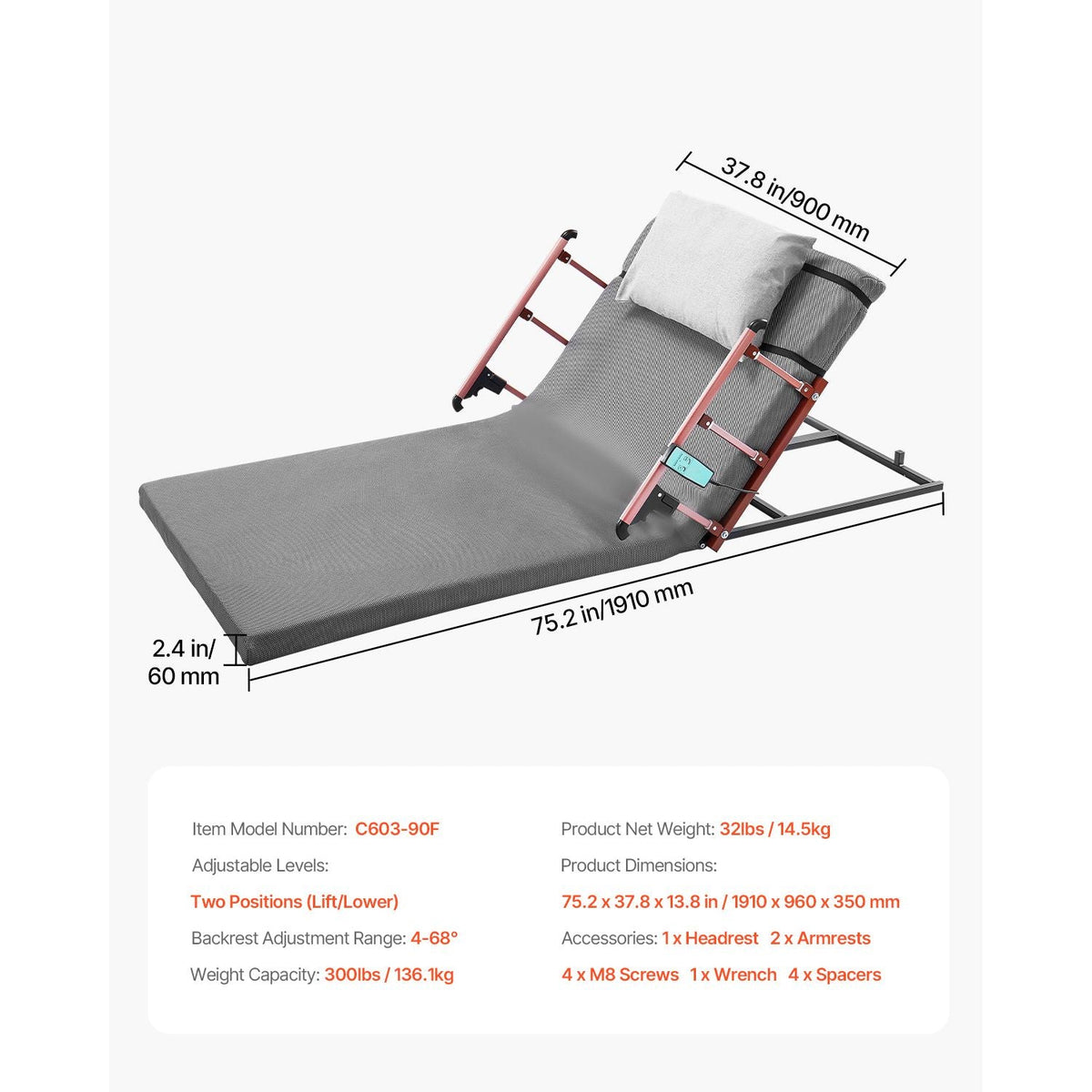 Electric Lifting Backrest for Bed, 300 lbs Capacity, 4-68° Adjustable Lifting Bed Backrest, with Folable Guardrail & Headrest, Machine Washable, Assist Pregnant Women Elderly Patient Handicap