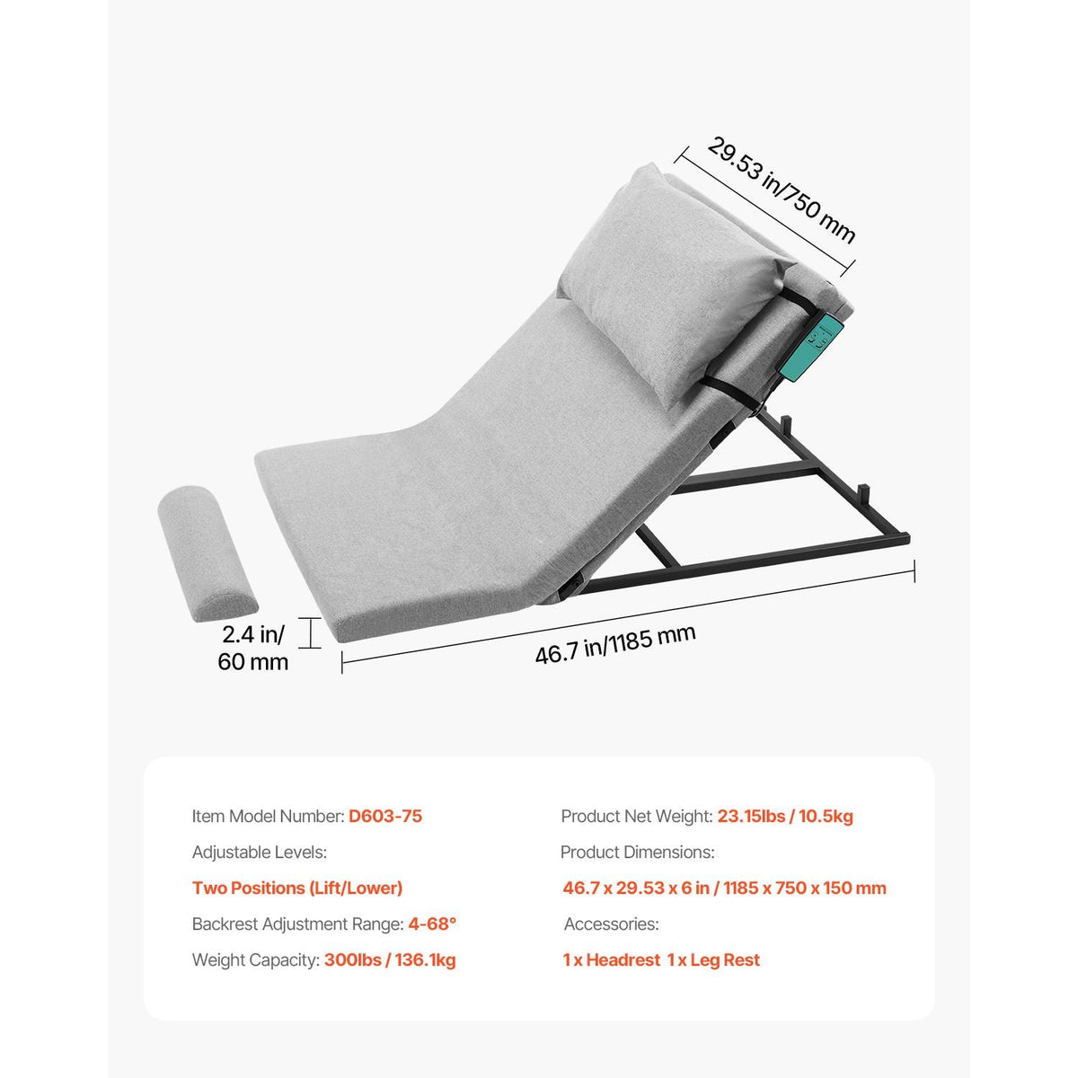 Electric Lifting Backrest for Bed, 300 lbs Capacity, 4-68° Adjustable Lifting Bed Backrest, with Headrest & Legrest, Machine Washable for Cleaning, Fit Pregnant Women Elderly Patient Handicapped