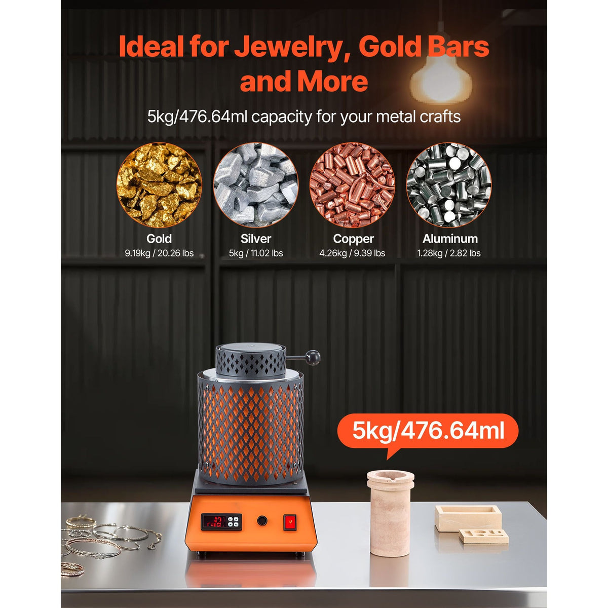 Electric Melting Furnace, 1500W Electric Metal Smelter Foundry, 2102 F/1150 C Metal Smelting Machine with 5kg Ceramic Crucible, Gold Smelting Kit for Jewelry Making, Metal Bars, Metal Components