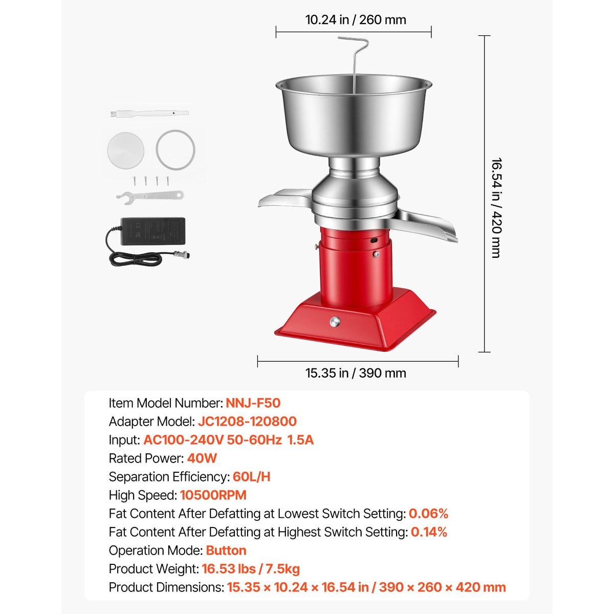 Electric Milk Cream Separator, 60L/H Output 10500RPM Milk Cream Centrifugal Separator, 304 Stainless Steel Goat Cow Milk Skimmer Separating Machine with 4.5L Bowl Capacity (40W, 100-240V)