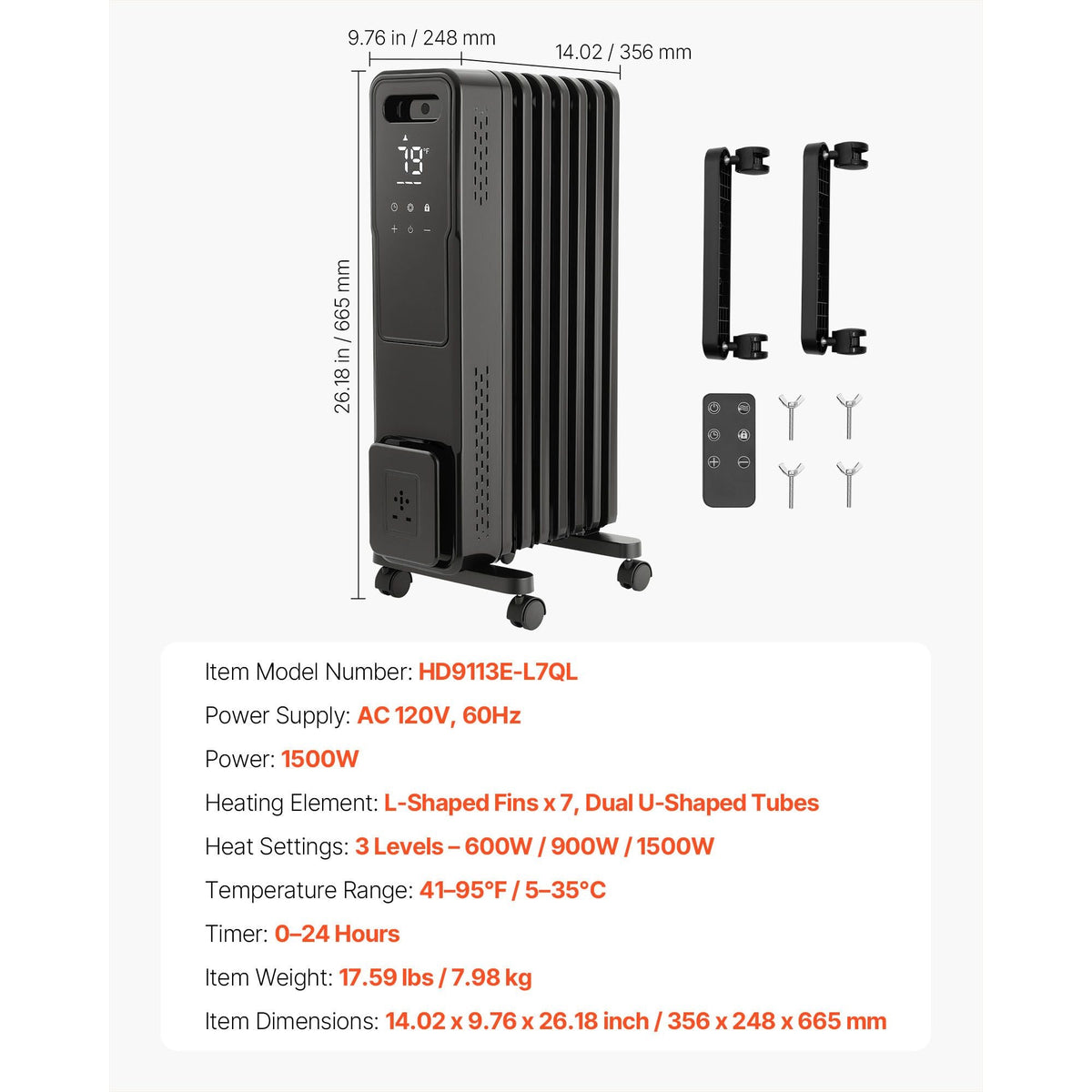 Electric Oil Filled Radiator, 1500W Radiant Space Heater with Dual U-shaped Heating Tubes, Over-Heat Protections,3 Heat Settings,24h Timer, Flexible Casters, Remote Control for Indoor,Black
