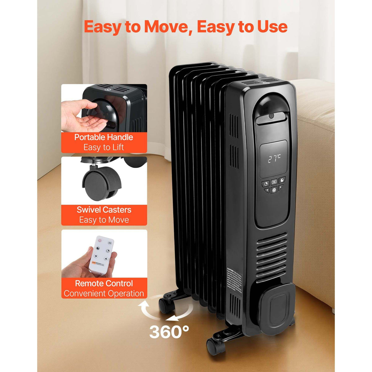 Electric Oil Filled Radiator, 1500W Radiant Space Heater with LED Screen, Over-Heat Protections,24h Timer, Portable Handle Casters, Thermostat,Remote Control for Indoor Use,Black