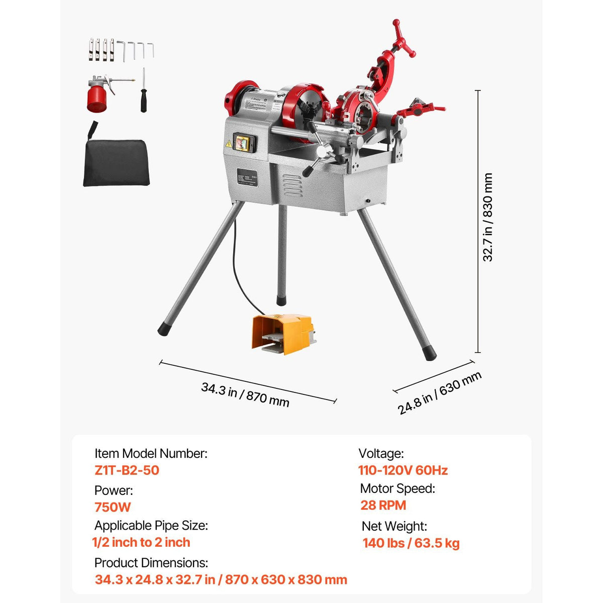 Electric Pipe Threader Machine, 750W 28RPM Threading Cutting Machine, 1/2 to 2 inch Pipes Threading Cutter Tool with Foot Pedal for Plumbing, Automotive Repairs, Metalworking