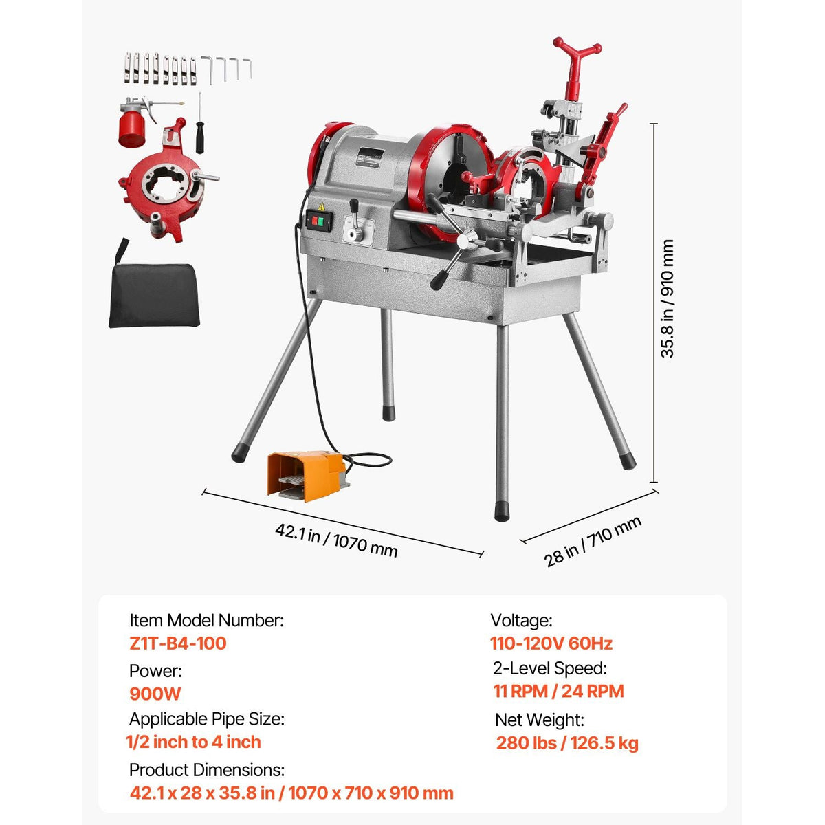 Electric Pipe Threader Machine, 900W 2-Speed Threading Cutting Machine, 1/2 to 4 inch Pipes Threading Cutter Tool with Foot Pedal for Plumbing, Automotive Repairs, Metalworking
