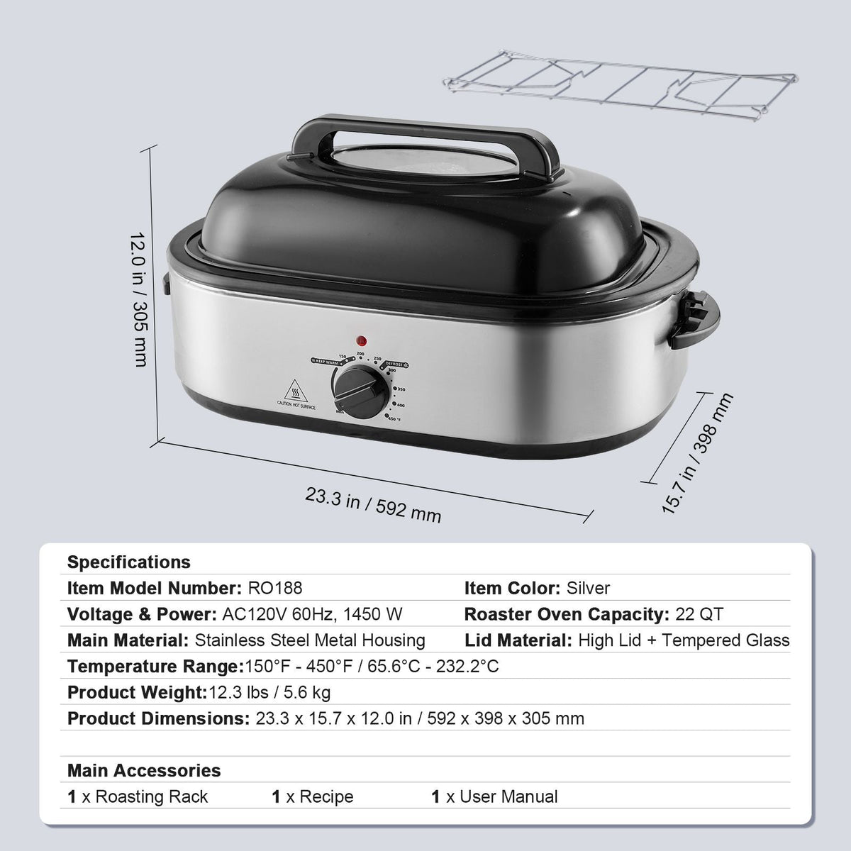 Electric Roaster Oven, 22 QT Turkey Roaster Oven with Self-Basting Lid, 1450W Roaster Oven with Defrost & Warm Function, Adjustable Temp, Removable Pan & Rack, Fits Turkeys Up to 26LBS, Silver
