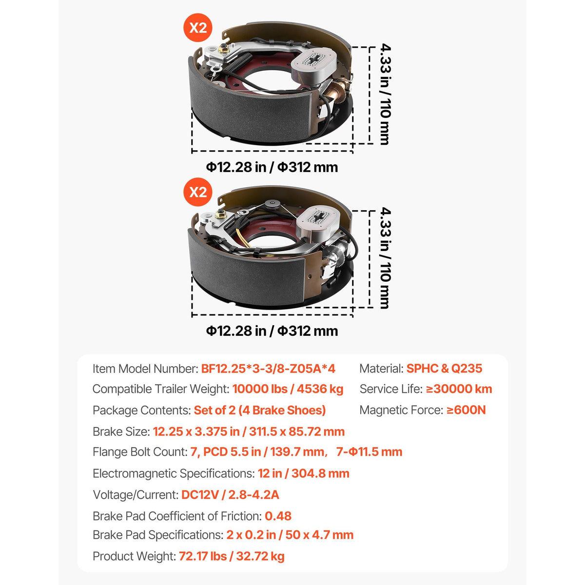 Electric Trailer Brake Kit, 12.25 x 3.375 Inch, 2 Pairs Self-Adjusting Electric Brakes Kit for 10000 lbs Trailer Axle, Backing Plates for Braking System Part Replacement, Fit for Trailers, RVs