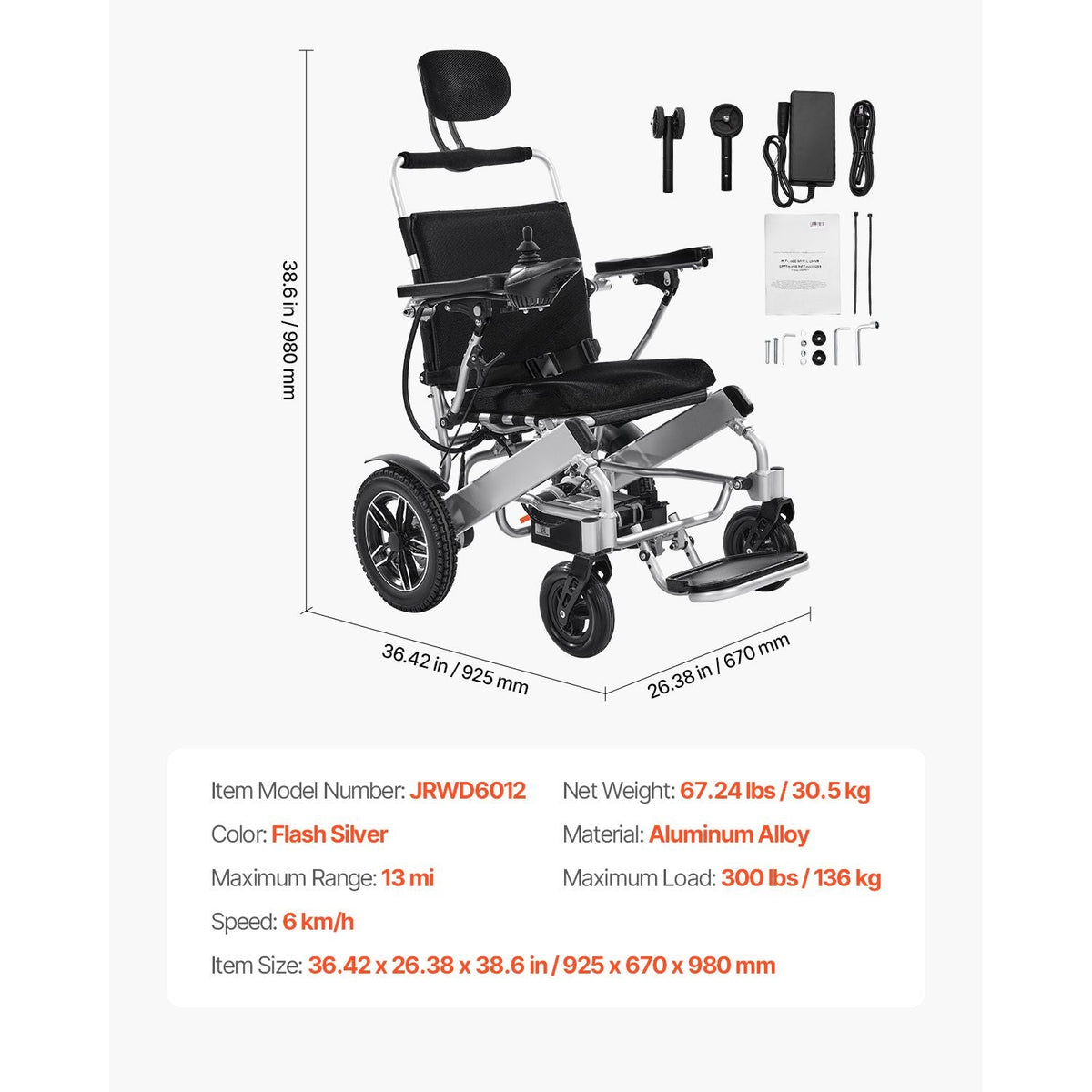 Electric Wheelchair for Adults, 300lbs Capacity with Adjustable Backrest, Foldable Lightweight Motorized Wheelchair,13-Mile Range,All-Terrain Powered,Portable 21' Seat for Seniors & Disabled