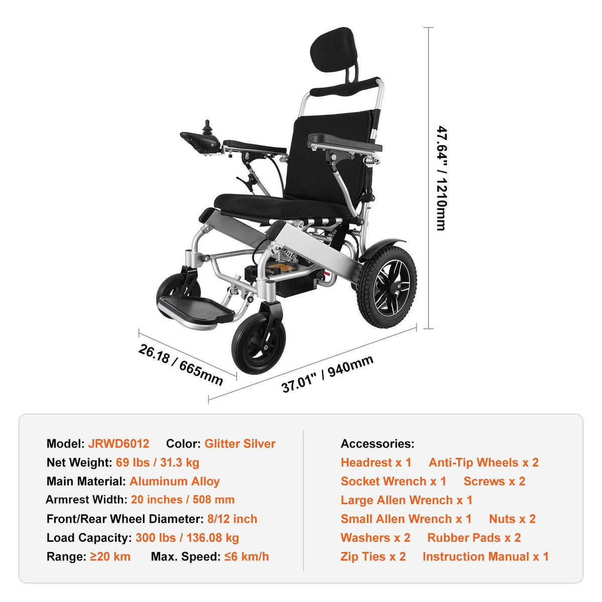 Electric Wheelchair for Adults Seniors, 300 lbs Weight Capacity, 20 in Width Lightweight Foldable Motorized Power Wheelchairs, Long Range All Terrain Aluminum Alloy Chair, Adjustable Backrest