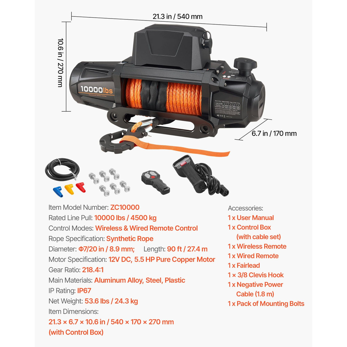 Electric Winch, 10000 lbs Load Capacity, 12V DC Truck Winch with Φ7/20 in x 90 ft Synthetic Rope, Wireless & Wired Remote Control, IP67 Waterproof for Towing Off-Road SUV Jeep Trailer Boat
