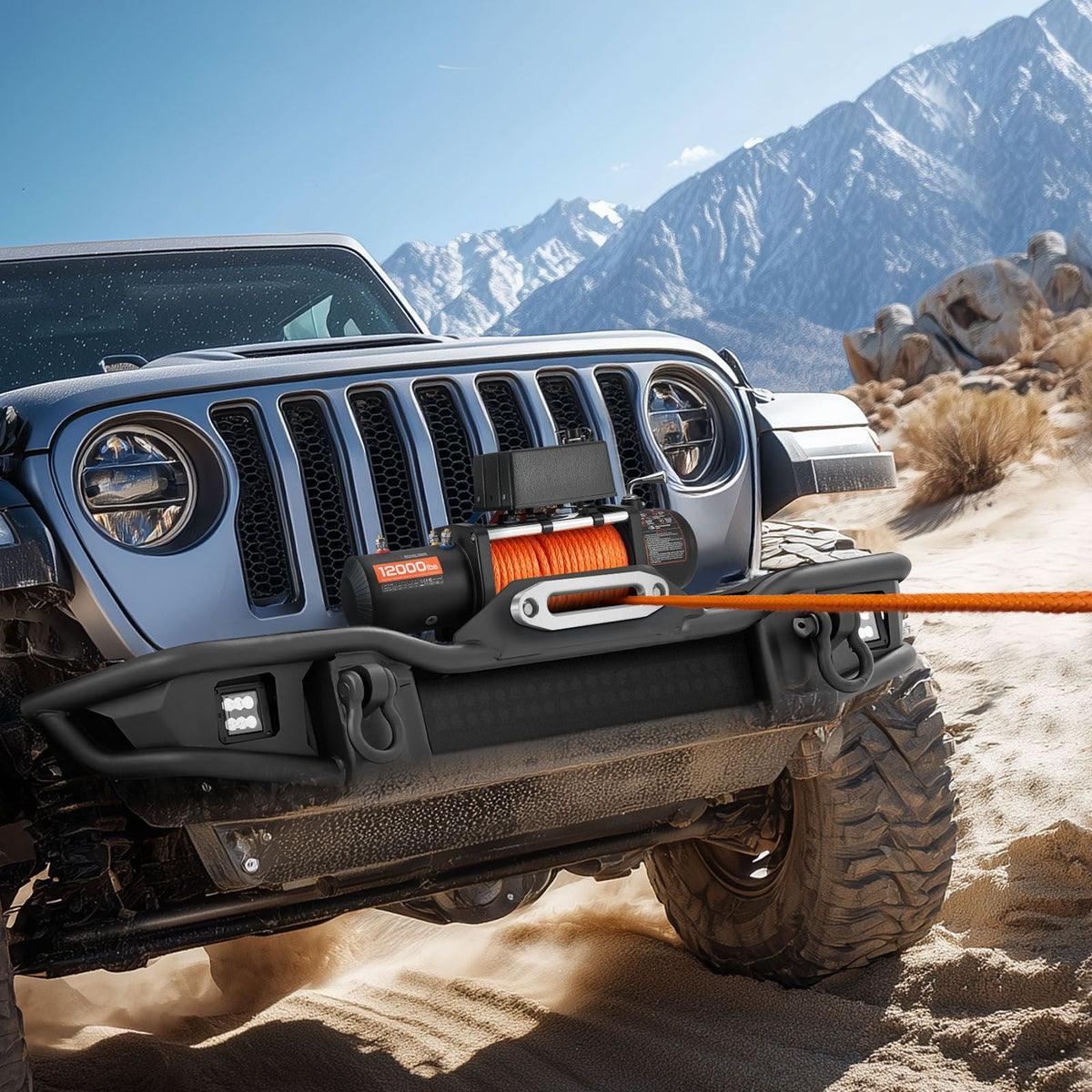 Electric Winch, 12000 lbs Load Capacity, 12V DC Truck Winch with Φ0.36 in x 75.5 ft Synthetic Rope, Wireless & Wired Remote Control, IP55 Waterproof for Towing Off-Road SUV Jeep Trailer Boat
