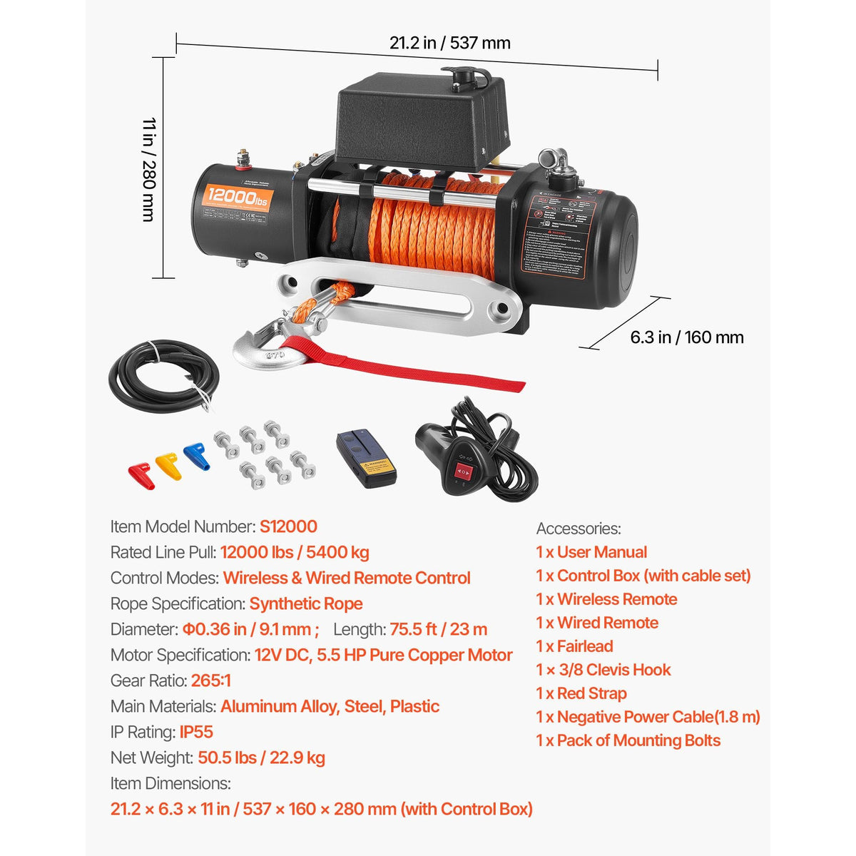 Electric Winch, 12000 lbs Load Capacity, 12V DC Truck Winch with Φ0.36 in x 75.5 ft Synthetic Rope, Wireless & Wired Remote Control, IP55 Waterproof for Towing Off-Road SUV Jeep Trailer Boat