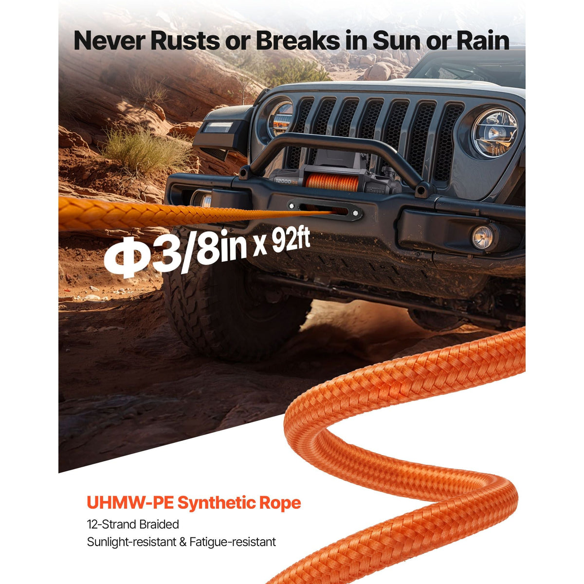 Electric Winch, 12000 lbs Load Capacity, 12V DC Truck Winch with Φ3/8 in x 92 ft Synthetic Rope, Wireless & Wired Remote Control, IP67 Waterproof for Towing Off-Road SUV Jeep Trailer Boat
