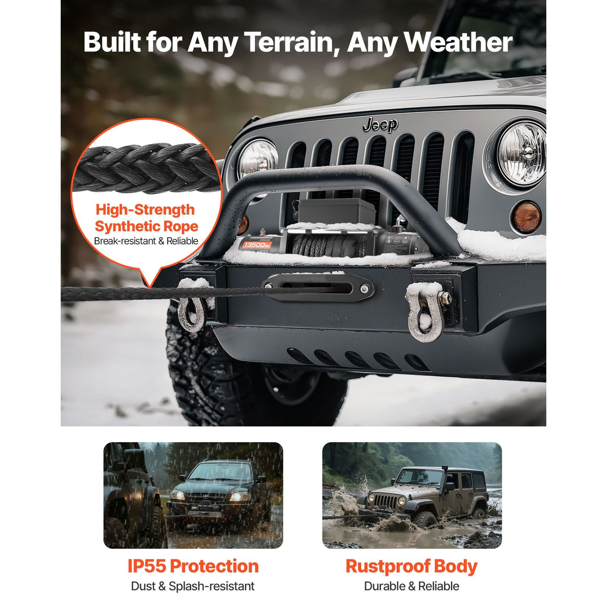 Electric Winch, 13500 lbs Load Capacity, 12V DC Truck Winch with Φ3/8 in x 85 ft Synthetic Rope, Wireless & Wired Remote Control, IP55 Waterproof for Towing Off-Road SUV Jeep Trailer Boat