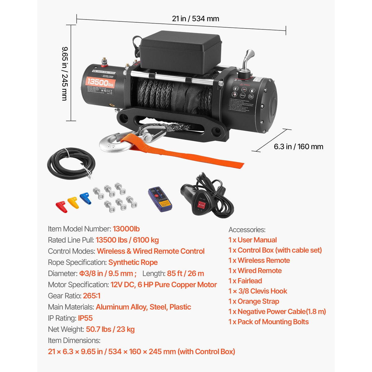 Electric Winch, 13500 lbs Load Capacity, 12V DC Truck Winch with Φ3/8 in x 85 ft Synthetic Rope, Wireless & Wired Remote Control, IP55 Waterproof for Towing Off-Road SUV Jeep Trailer Boat