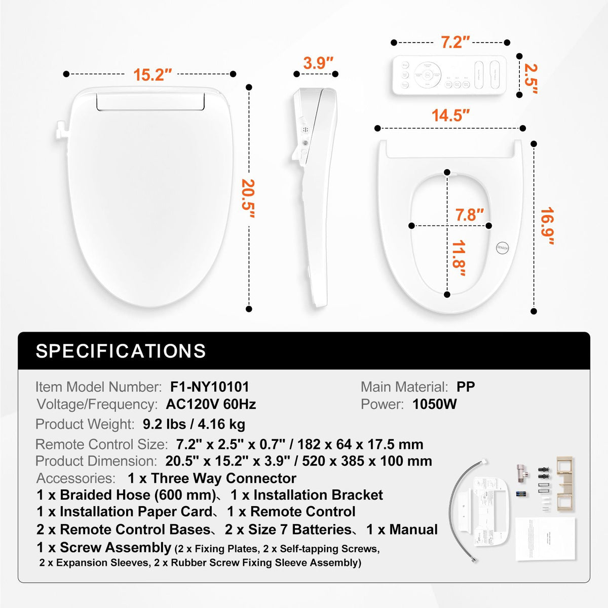 Elongated Bidet Toilet Seat, Remote Control Smart Toilet Seat for Existing Toilets, Electric Bidet Toilet Seat with Slow Close, Night Light, Self Cleaning, Air Dryer, Easy Installation, White