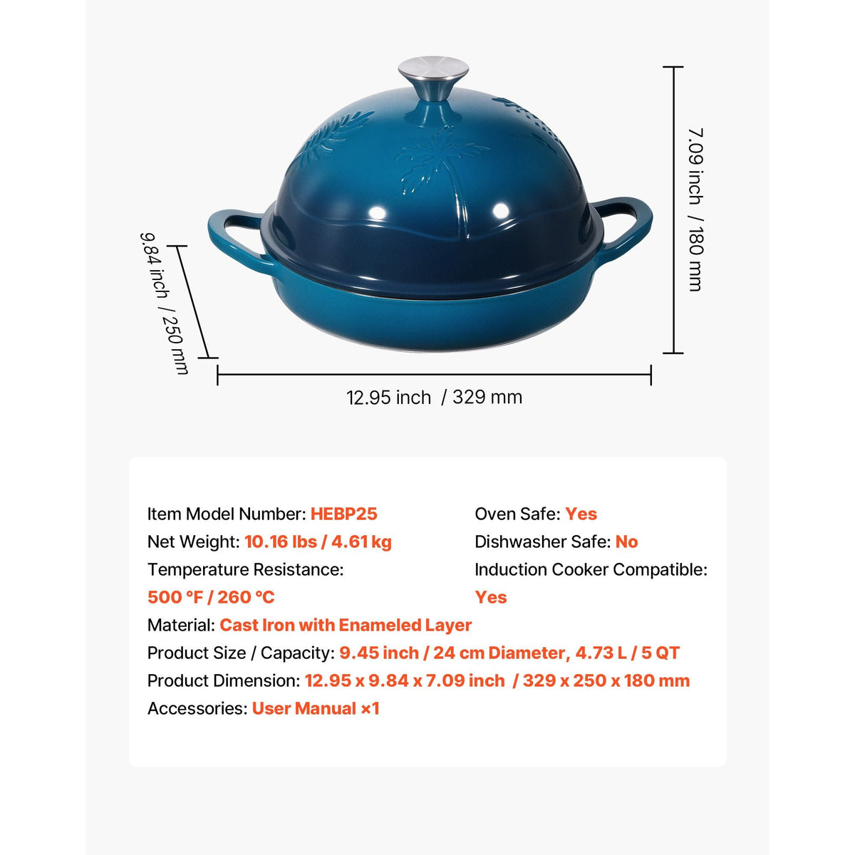 Enameled Cast Iron Dutch Oven, 5 Quart Pot for Sourdough Bread Baking, Heavy-Duty Cookware Pan with Lid and Dual Handles, Oven Induction Compatible up to 500Fahrenheit, for Cooking Roasting