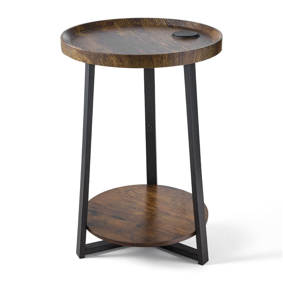 End Table, 2-Tier Round Side Table with Open Storage Shelves, Modern Nightstand Bedside Desk with USB & AC Charging Port, Wood Sofa Coffee Desk for Living Room, Bedroom, Office, Dorm, Brown