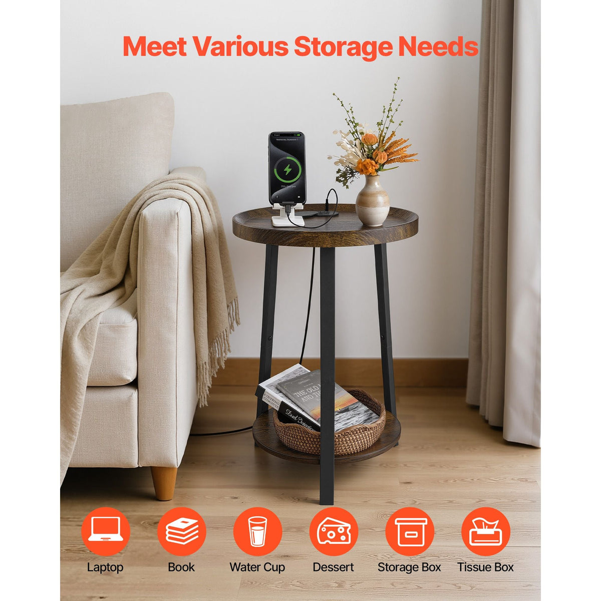 End Table, 2-Tier Round Side Table with Open Storage Shelves, Modern Nightstand Bedside Desk with USB & AC Charging Port, Wood Sofa Coffee Desk for Living Room, Bedroom, Office, Dorm, Brown