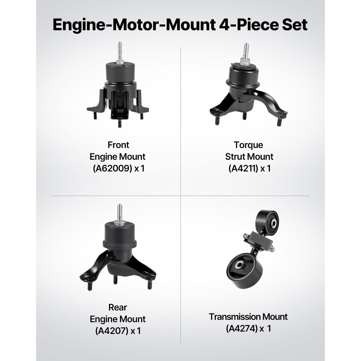 Engine and Transmission Motor Mount Kit Replacement, Set of 4, Compatible with 2007–2011 Toyota Camry 2.4L L4, Replace OE# A62009, A4207, A4211, A4274, Secure Support