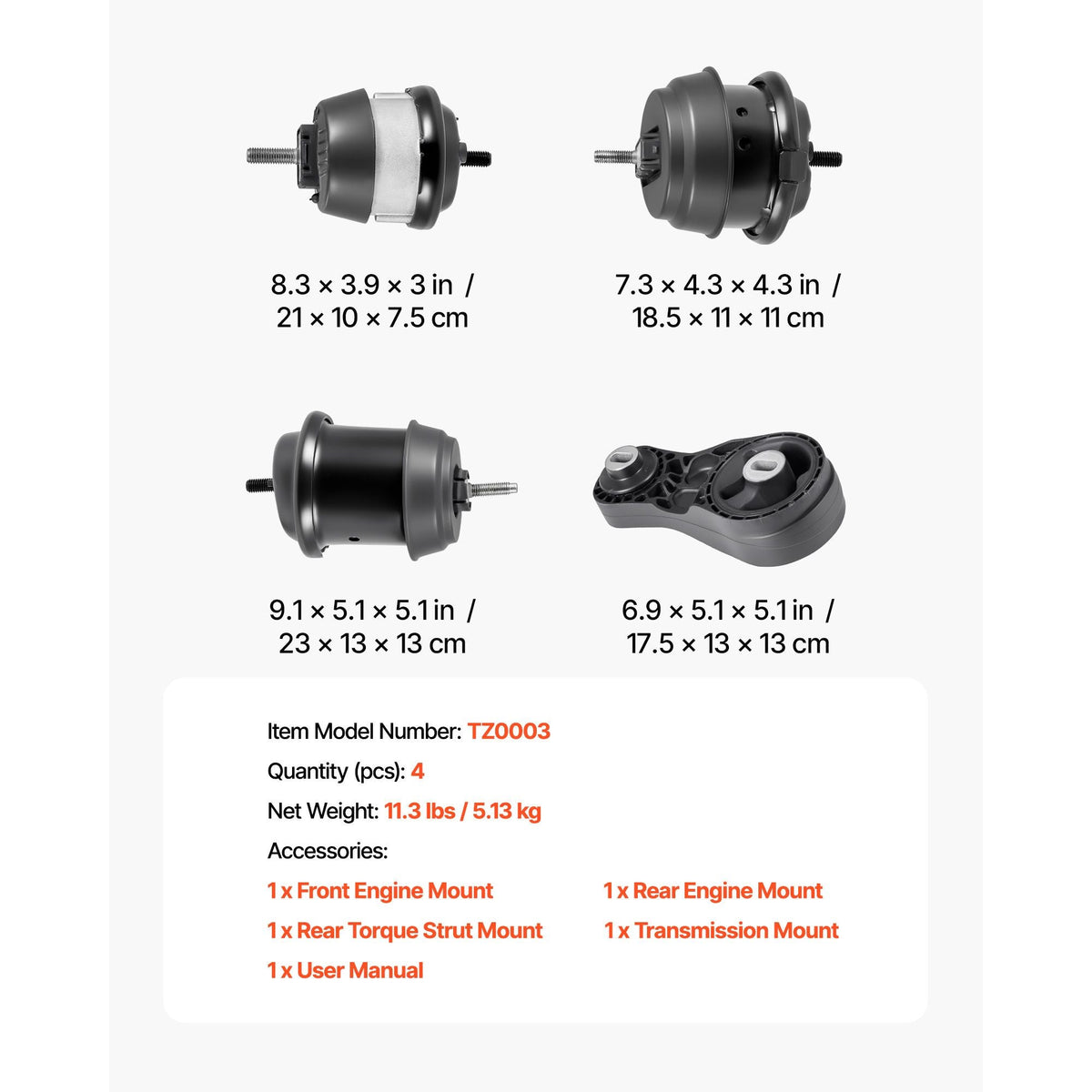 Engine and Transmission Motor Mount Kit Replacement, Set of 4, Compatible with 2009–2017 Chevrolet Traverse 3.6L V6, Replace OE# A5548HY, A5549HY, A5458HY, A5444, Secure Support