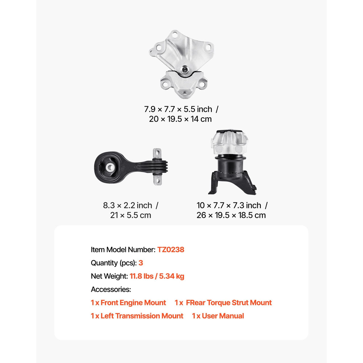 Engine Motor Mount and Transmission Mount Kit Replacement, Set of 3, Compatible with 2012–2013 Honda Civic 1.8L Coupe, Replace OE# A65048, A65021, A65087, Secure Support