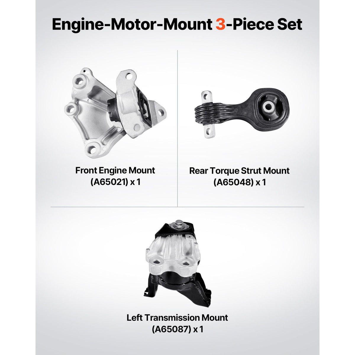 Engine Motor Mount and Transmission Mount Kit Replacement, Set of 3, Compatible with 2012–2013 Honda Civic 1.8L Coupe, Replace OE# A65048, A65021, A65087, Secure Support
