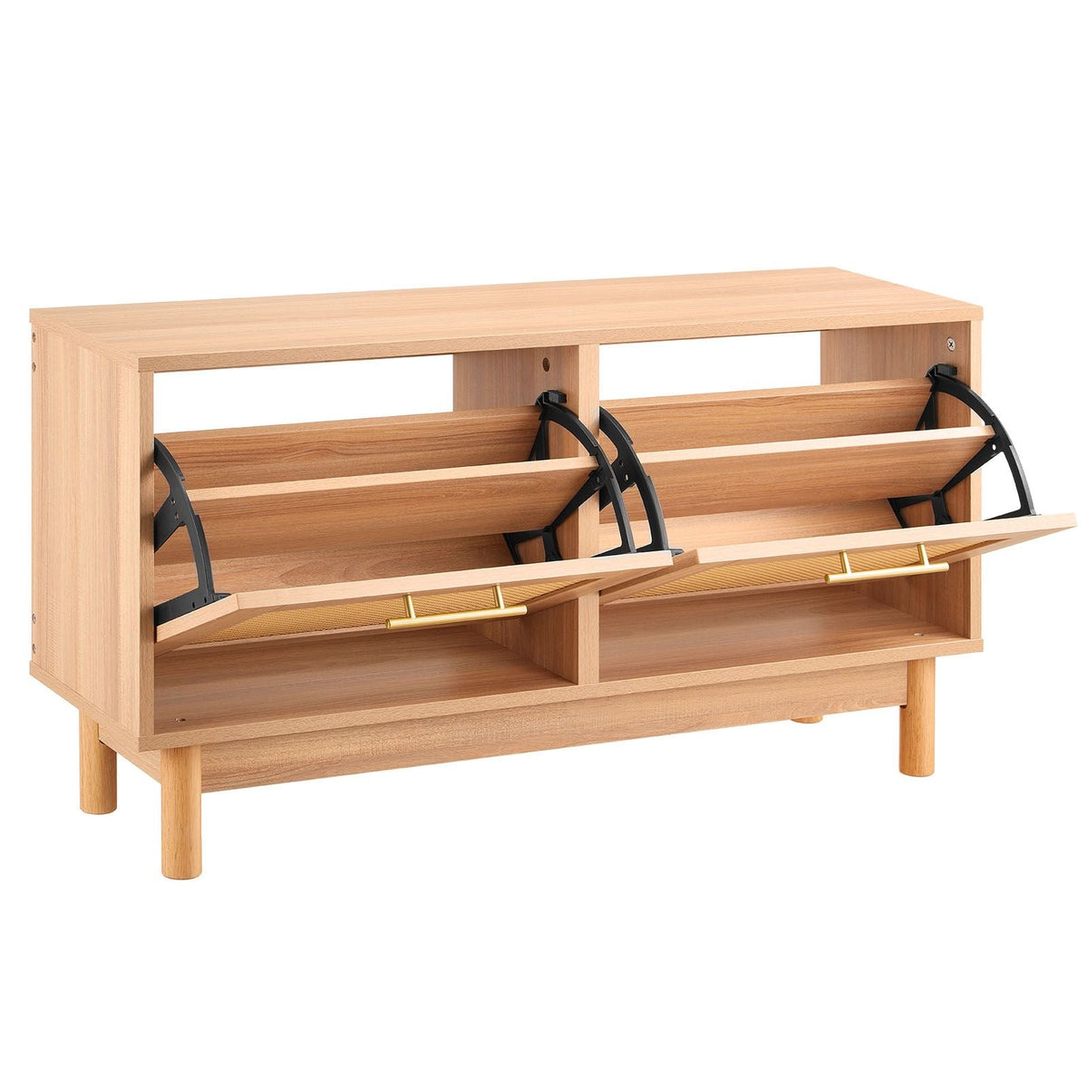 Entryway Shoe Bench, 39.4 x 11.8 x 20.9 Inch Rattan-Like Shoes Bench with 2 Flip Drawers, 300lbs Shoe Storage Rack with 4 Compartments and 2 Rattan Doors, for Hallway, Living Room, Bedroom