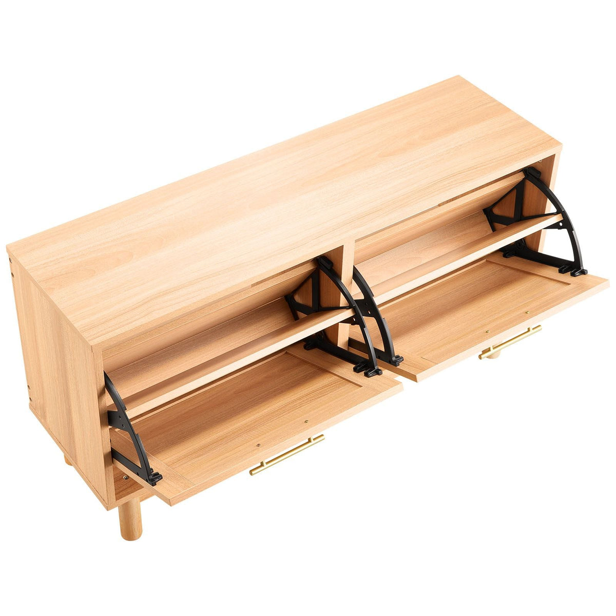 Entryway Shoe Bench, 39.4 x 11.8 x 20.9 Inch Rattan-Like Shoes Bench with 2 Flip Drawers, 300lbs Shoe Storage Rack with 4 Compartments and 2 Rattan Doors, for Hallway, Living Room, Bedroom