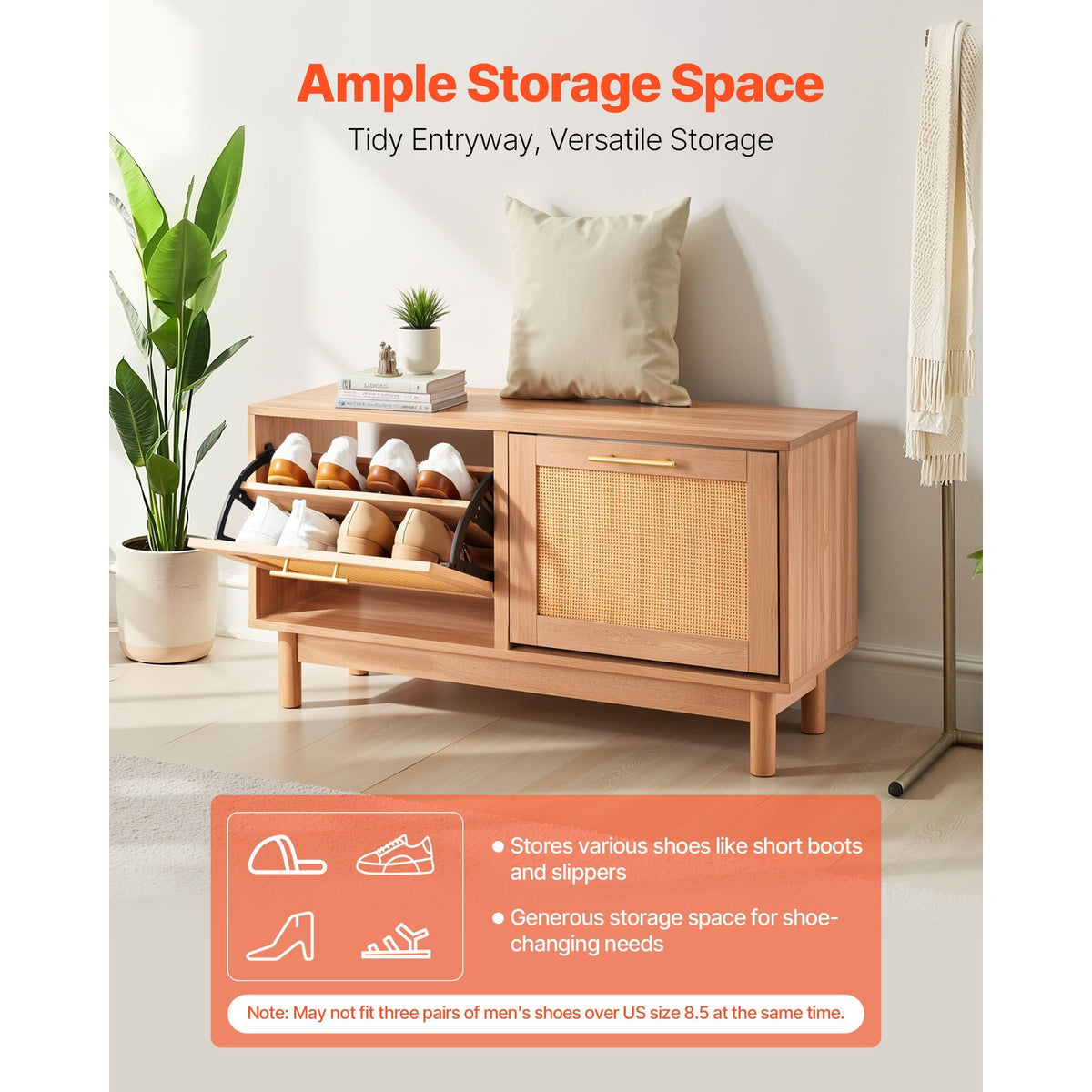 Entryway Shoe Bench, 39.4 x 11.8 x 20.9 Inch Rattan-Like Shoes Bench with 2 Flip Drawers, 300lbs Shoe Storage Rack with 4 Compartments and 2 Rattan Doors, for Hallway, Living Room, Bedroom