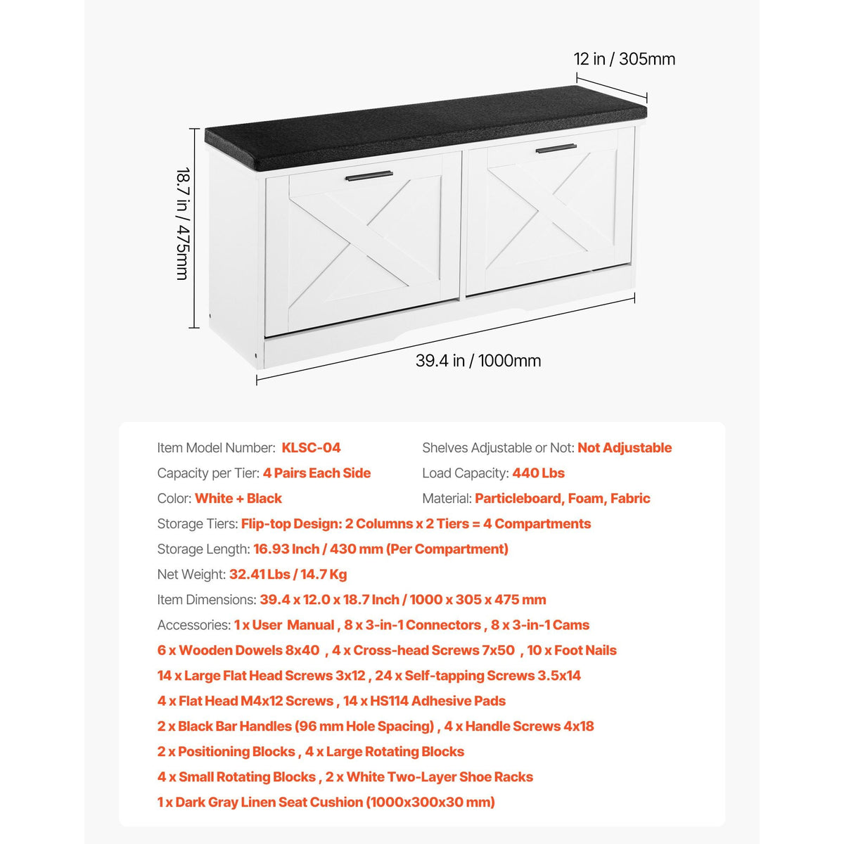 Entryway Shoe Storage Bench, 39.4 x 12.0 x 18.7 Inch Shoe Organizer with Flip Drawers, 440lbs Narrow Shoes Rack Bench with Cushion & Flip Doors, for Hallway, Living Room, Bedroom, Black + White