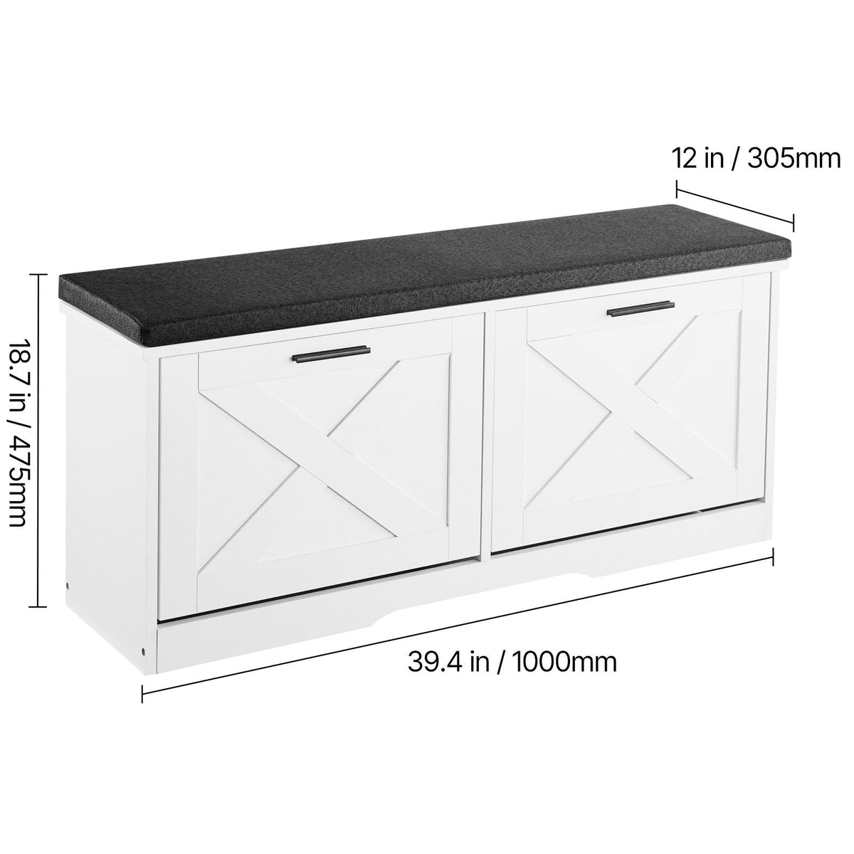Entryway Shoe Storage Bench, 39.4 x 12.0 x 18.7 Inch Shoe Organizer with Flip Drawers, 440lbs Narrow Shoes Rack Bench with Cushion & Flip Doors, for Hallway, Living Room, Bedroom, Black + White