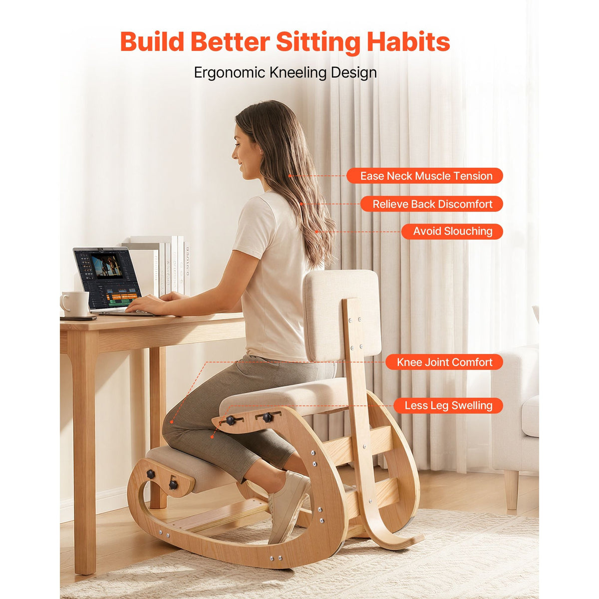 Ergonomic Kneeling Chair, Wooden Posture Knee Chair with Adjustable Thick Foam Cushions, Backrest and Wood Frame, Adjustable Height, Relief for Neck or Back Pain for Home, Office or Meditation