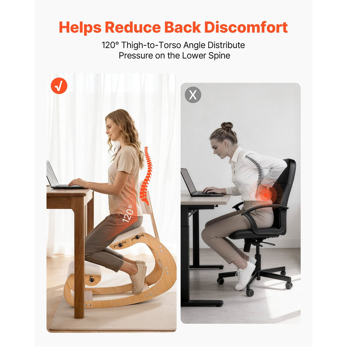 Ergonomic Kneeling Chair, Wooden Posture Knee Chair with Adjustable Thick Foam Cushions, Backrest and Wood Frame, Adjustable Height, Relief for Neck or Back Pain for Home, Office or Meditation